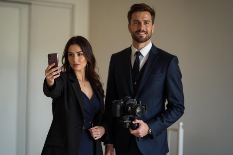 A content creator and a videographer in a suit