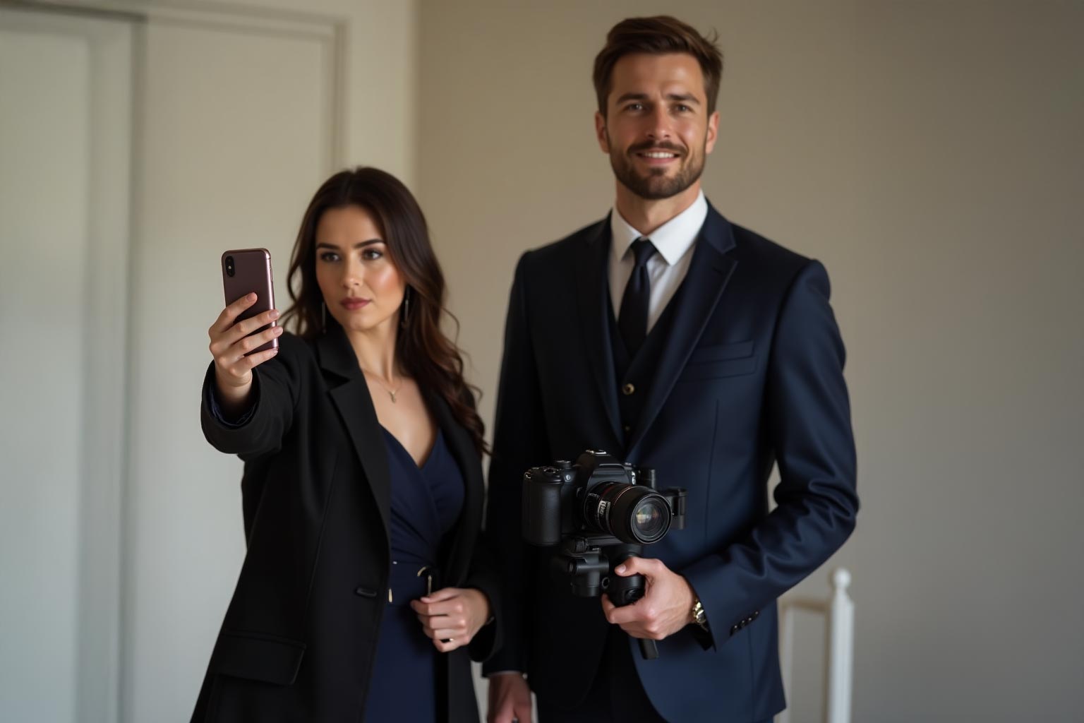 A content creator and a videographer in a suit